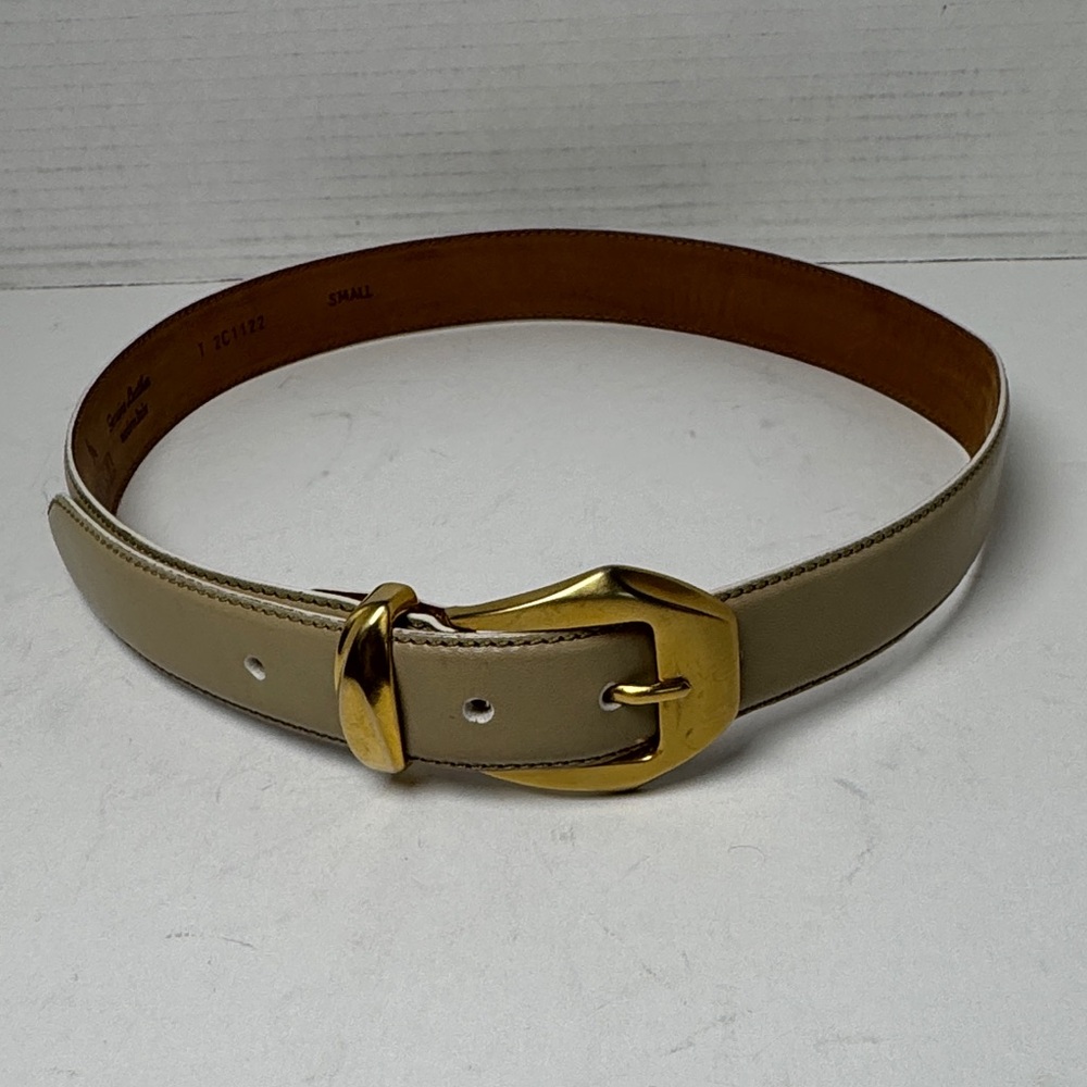 DE VECCHI Women's Gold Buckle Beige Leather Belt Made in Italy EUC Size Small‎